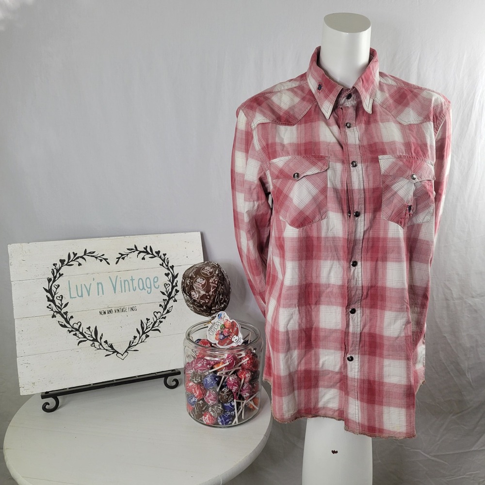 Jachs Western Plaid Snap Button Long Sleeve Shirt Red White Distressed Patches L